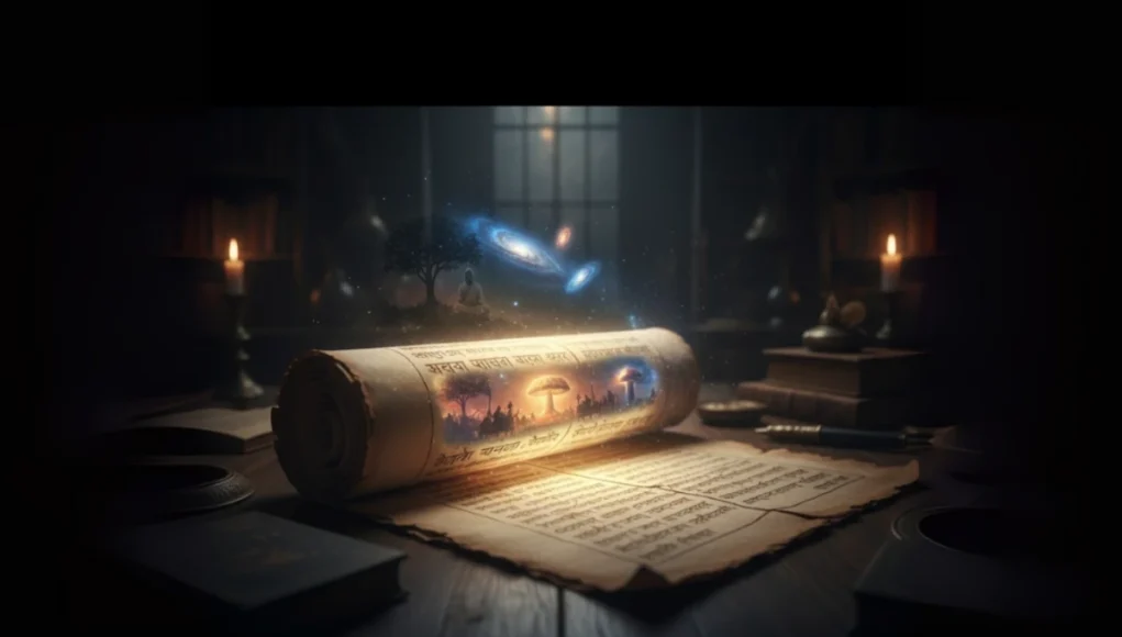 bhavishya-purana-ki-bhavishyavaniya एक रहस्यमय स्क्रॉल जो भविष्य पुराण की भविष्यवाणियाँ, प्राचीन हिंदू ग्रंथ की भविष्यवाणी परंपरा को दर्शाता है।