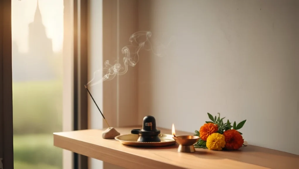 dainik-shiva-sadhana-ki-shakti एक सरल और शांतिपूर्ण गृह वेदी जो दैनिक शिव साधना के लिए स्थापित है, जो निरंतर अभ्यास की शक्ति को दर्शाती है।