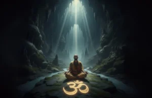 महाकाल की गुफा में गूँजती आवाज़: उज्जैन का सबसे रहस्यमय और पवित्र रहस्य महाकाल की गुफा में गूँजती आवाज़ का दृश्य—एक प्राचीन गुफा का रहस्यमय आंतरिक भाग, जहाँ एक योगी गहरे ध्यान में है और 'ॐ' का प्रतीक कंपन करता हुआ दिख रहा है।