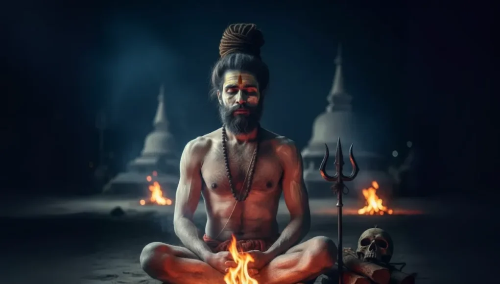 path-of-the-aghori एक Aghori साधु पवित्र अग्नि के सामने ध्यानमग्न हैं, जो अघोर पंथ के गहन दर्शन को दर्शाता है।