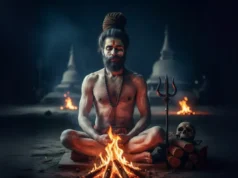 अघोर पंथ: भगवान शिव के सर्वाधिक चरम भक्तों के दर्शन और साधना को समझना एक Aghori साधु पवित्र अग्नि के सामने ध्यानमग्न हैं, जो अघोर पंथ के गहन दर्शन को दर्शाता है।