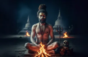 अघोर पंथ: भगवान शिव के सर्वाधिक चरम भक्तों के दर्शन और साधना को समझना एक Aghori साधु पवित्र अग्नि के सामने ध्यानमग्न हैं, जो अघोर पंथ के गहन दर्शन को दर्शाता है।