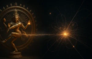 शिव और विज्ञान: प्राचीन ज्ञान और आधुनिक अनुसंधान को जोड़ना प्राचीन ज्ञान और आधुनिक अनुसंधान को जोड़ने वाली एक विभाजित छवि, जो शिव और विज्ञान के बीच संबंध दिखाती है।