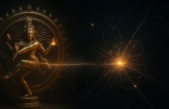 शिव और विज्ञान: प्राचीन ज्ञान और आधुनिक अनुसंधान को जोड़ना प्राचीन ज्ञान और आधुनिक अनुसंधान को जोड़ने वाली एक विभाजित छवि, जो शिव और विज्ञान के बीच संबंध दिखाती है।