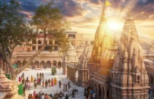 काशी विश्वनाथ ज्योतिर्लिंग: वाराणसी का शाश्वत ज्योतिर्लिंग वाराणसी में काशी विश्वनाथ ज्योतिर्लिंग मंदिर का एक राजसी हवाई दृश्य, जिसमें सुनहरे शिखर और गंगा नदी से जुड़ा पवित्र गलियारा दिखाई दे रहा है।