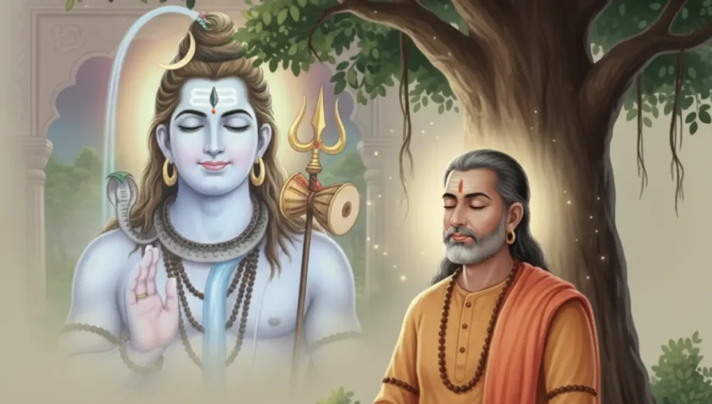 rudrashtakam-stotra-shiv गोस्वामी तुलसीदास ध्यान में लीन हैं, पृष्ठभूमि में भगवान शिव की छवि है, जो रुद्राष्टकम की रचना को दर्शाती है।
