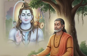 रुद्राष्टकम: तुलसीदास द्वारा भगवान शिव को समर्पित पवित्र स्तोत्र गोस्वामी तुलसीदास ध्यान में लीन हैं, पृष्ठभूमि में भगवान शिव की छवि है, जो रुद्राष्टकम की रचना को दर्शाती है।