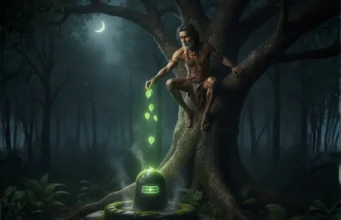 शिकारी और बेलपत्र की कथा – अनजाने में की गई भक्ति की शक्ति महाशिवरात्रि की प्रसिद्ध शिकारी और बेलपत्र की कथा में एक शिकारी अनजाने में शिवलिंग पर बेलपत्र अर्पित कर रहा है।