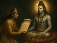 शिव महिम्न स्तोत्र: भगवान शिव की अनंत महिमा को समर्पित पवित्र स्तोत्र गंधर्व पुष्पदंत द्वारा भगवान शिव को शिव महिम्न स्तोत्र अर्पित करते हुए दृश्य