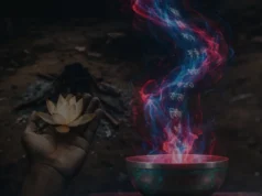 अघोर साधना के नियम: 11 अनकहे सिद्धांत और शून्य-अहंकार का मार्ग श्मशान भूमि में खिलता हुआ एक कमल का फूल — जो अघोर साधना के नियम और आध्यात्मिक रूपांतरण के मार्ग का प्रतीक है।