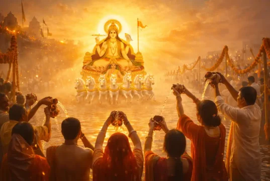 उज्जैन में मकर संक्रांति 2026: तिथि, पुण्य काल, महापुण्य काल, संक्रांति फल एवं संपूर्ण पूजा-विधि उज्जैन में मकर संक्रांति पर सूर्य देव की पूजा करते श्रद्धालु और अर्घ्य अर्पण