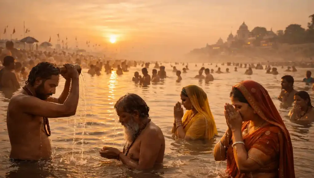 mauni-amavasya-2026 मौनी अमावस्या 2026 के दिन प्रातःकाल श्रद्धालु गंगा नदी में पवित्र स्नान करते हुए।
