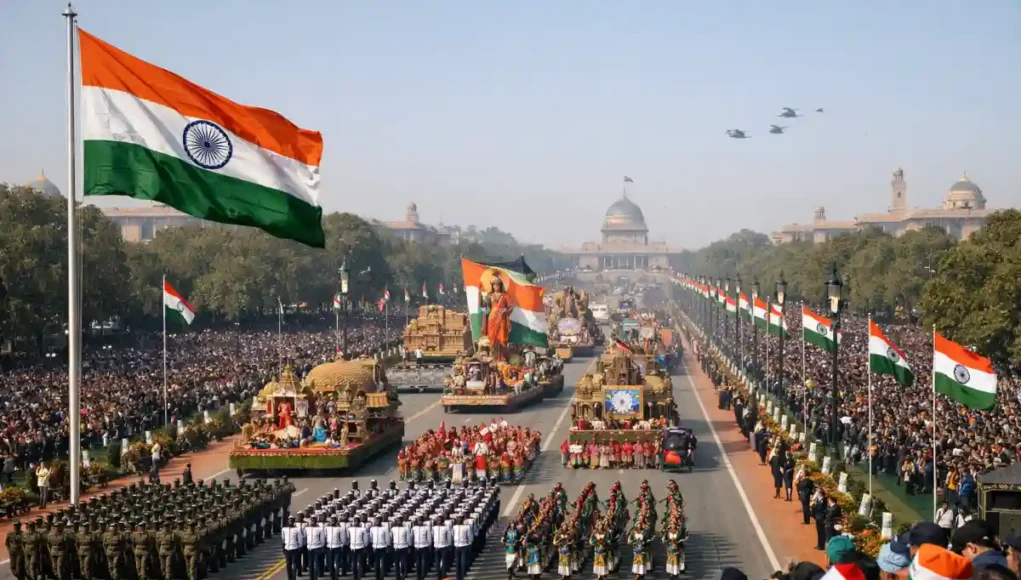 republic-day-2026.webp कर्तव्य पथ पर आयोजित गणतंत्र दिवस 2026 की भव्य परेड, जिसमें वंदे मातरम् थीम और सांस्कृतिक झांकियाँ दिखाई दे रही हैं।