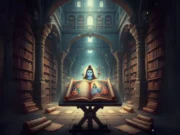 Beyond the 18 Mahapuranas: A Guide to the Hidden Shiva Scriptures (Upapuranas) A mystical library of ancient Hindu scriptures, representing the hidden Shiva scriptures and Upapuranas.