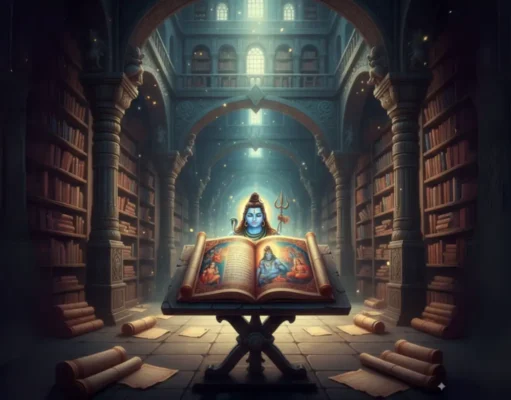 Beyond the 18 Mahapuranas: A Guide to the Hidden Shiva Scriptures (Upapuranas) A mystical library of ancient Hindu scriptures, representing the hidden Shiva scriptures and Upapuranas.