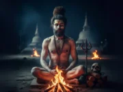 The Path of the Aghori: Understanding the Philosophy and Sadhana of Shiva’s Most Extreme Devotees An Aghori sadhu meditating before a sacred fire, representing the profound philosophy of the Path of the Aghori.