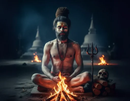The Path of the Aghori: Understanding the Philosophy and Sadhana of Shiva’s Most Extreme Devotees An Aghori sadhu meditating before a sacred fire, representing the profound philosophy of the Path of the Aghori.
