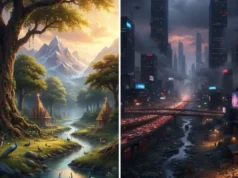 7 Chilling Kali Yuga Predictions from the Puranas You Need to Know A stark contrast between the purity of the Satya Yuga and the chaos of the Kali Yuga, representing its Kali Yuga Predictions.