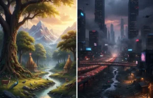 7 Chilling Kali Yuga Predictions from the Puranas You Need to Know A stark contrast between the purity of the Satya Yuga and the chaos of the Kali Yuga, representing its Kali Yuga Predictions.