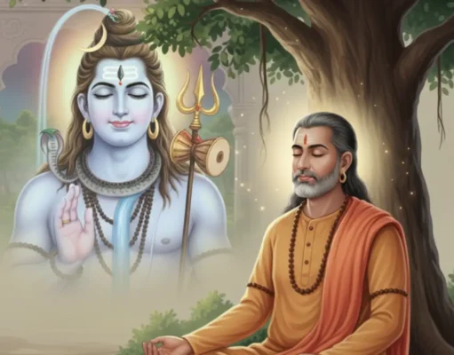 Rudrashtakam: The Sacred Hymn to Lord Shiva by Tulsidas Illustration of Lord Shiva with Sanskrit verses of the Rudrashtakam in the background.