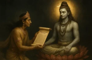 Shiva Mahimna Stotram: Sacred Hymn of Lord Shiva’s Infinite Glory A devotee chanting the Shiva Mahimna Stotram before a radiant Shiva Lingam, symbolizing devotion and divine grace.