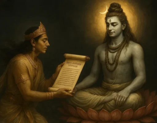 Shiva Mahimna Stotram: Sacred Hymn of Lord Shiva’s Infinite Glory A devotee chanting the Shiva Mahimna Stotram before a radiant Shiva Lingam, symbolizing devotion and divine grace.