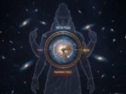 The Time Wheel of Shiva: Understanding Yugas, Kalpas, and Pralaya Illustration depicting The Time Wheel of Shiva symbolizing the cyclical nature of time, Yugas, Kalpas, and cosmic dissolution under Lord Shiva’s guidance.