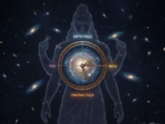 The Time Wheel of Shiva: Understanding Yugas, Kalpas, and Pralaya Illustration depicting The Time Wheel of Shiva symbolizing the cyclical nature of time, Yugas, Kalpas, and cosmic dissolution under Lord Shiva’s guidance.