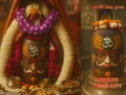 Early-Morning Bhasma Aarti at Mahakaleshwar Temple: Om Inscription, Tripund, Bhaang Offered in Sacred Ritual Priests performing early-morning Bhasma Aarti at Mahakaleshwar Temple in Ujjain.