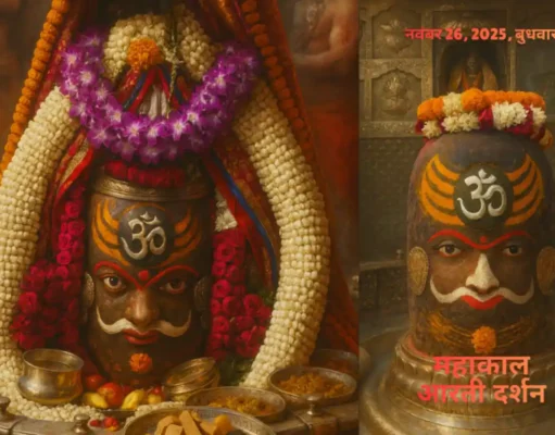 Early-Morning Bhasma Aarti at Mahakaleshwar Temple: Om Inscription, Tripund, Bhaang Offered in Sacred Ritual Priests performing early-morning Bhasma Aarti at Mahakaleshwar Temple in Ujjain.