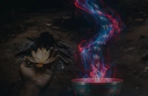 The 11 Unspoken Rules of Aghor Sadhana A lotus flower blooming in a cremation ground, symbolizing the 11 unspoken Rules of Aghor Sadhana and the path of spiritual transformation.