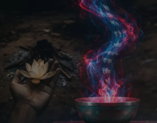 The 11 Unspoken Rules of Aghor Sadhana A lotus flower blooming in a cremation ground, symbolizing the 11 unspoken Rules of Aghor Sadhana and the path of spiritual transformation.