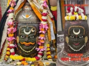 Friday Bhasma Aarti: Mahakal Adorned in Royal Attire at Dawn in Ujjain Lord Mahakal adorned in silver ornaments during Friday Bhasma Aarti at Mahakaleshwar Temple, Ujjain