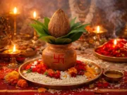 2026 Magha Gupta Navratri Ghatasthapana Date, Muhurat & Complete Puja Guide Kalash Sthapana ritual performed at the start of Magha Gupta Navratri Ghatasthapana 2026 with sacred pot, grains, and Devi symbols.