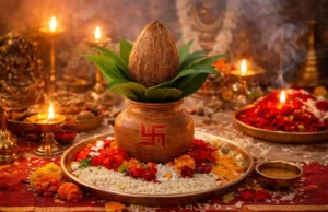 2026 Magha Gupta Navratri Ghatasthapana Date, Muhurat & Complete Puja Guide Kalash Sthapana ritual performed at the start of Magha Gupta Navratri Ghatasthapana 2026 with sacred pot, grains, and Devi symbols.