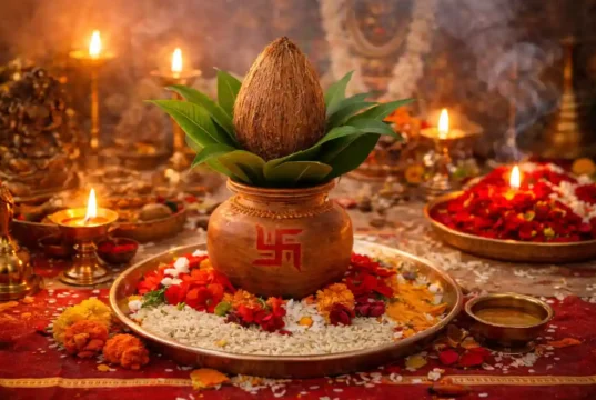 2026 Magha Gupta Navratri Ghatasthapana Date, Muhurat & Complete Puja Guide Kalash Sthapana ritual performed at the start of Magha Gupta Navratri Ghatasthapana 2026 with sacred pot, grains, and Devi symbols.